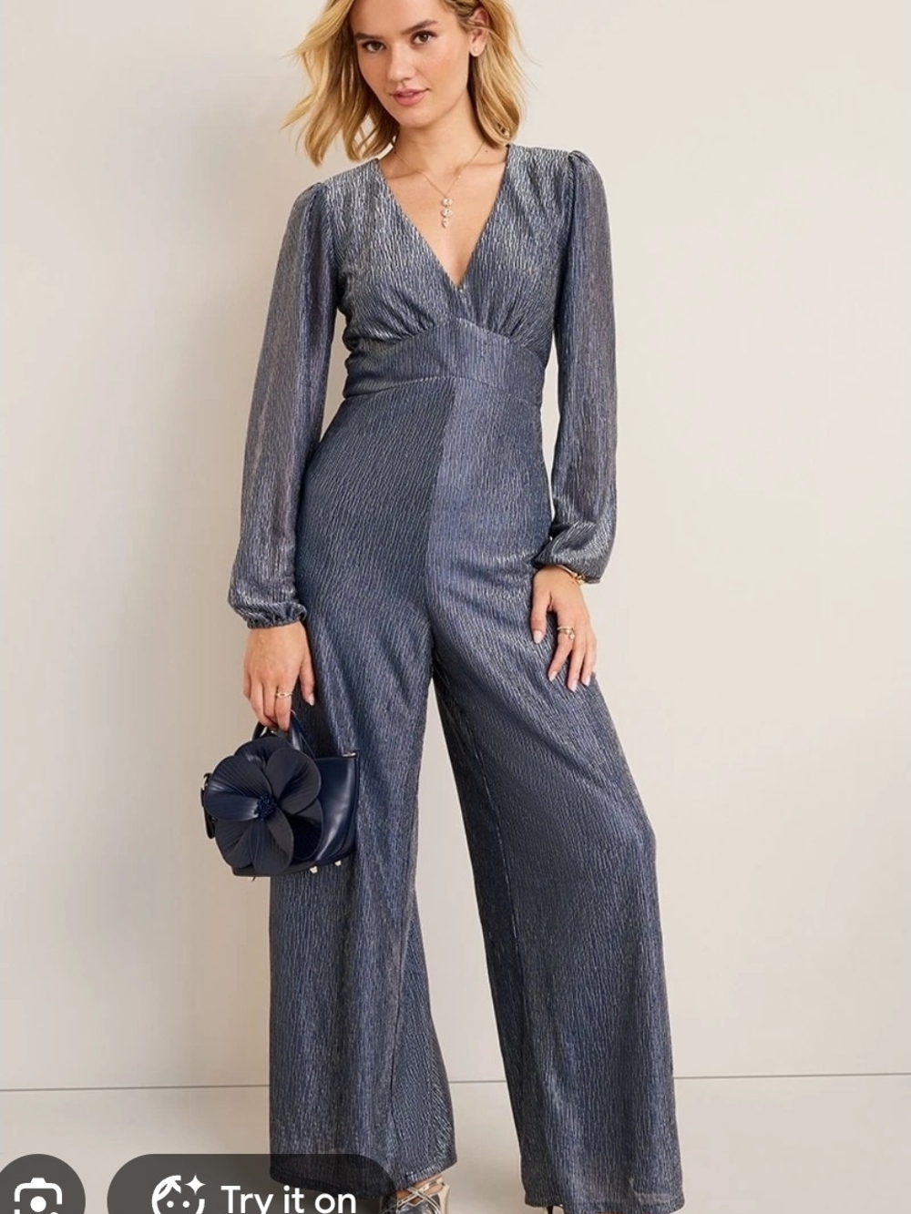 Francesca's Collections Shimmery Navy V-Neck Wide-Leg Jumpsuit